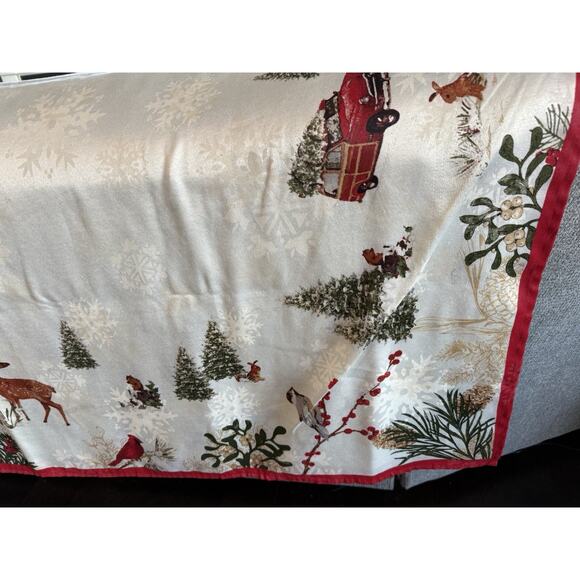 Better Homes & Gardens Christmas Scene Tablecloth 144x60 Red Border Winter Woods - Picture 5 of 9